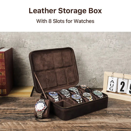 Leather Watch Organizer Box - 8/10/12 Slots Vintage Jewelry Storage Case - for Men & Women