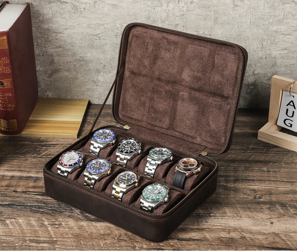 Leather Watch Organizer Box - 8/10/12 Slots Vintage Jewelry Storage Case - for Men & Women