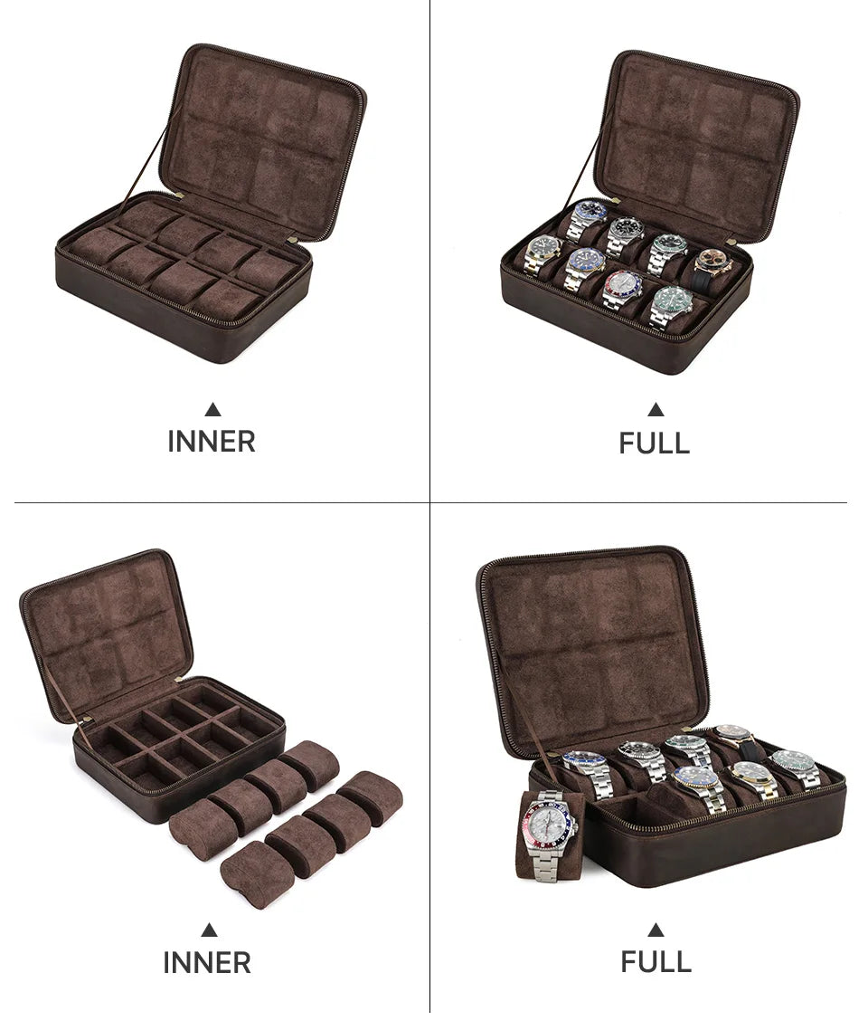 Leather Watch Organizer Box - 8/10/12 Slots Vintage Jewelry Storage Case - for Men & Women