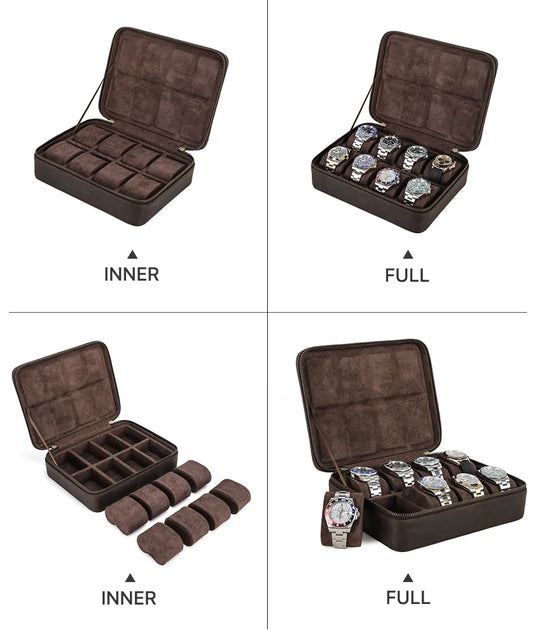 Leather Watch Organizer Box - 8/10/12 Slots Vintage Jewelry Storage Case - for Men & Women