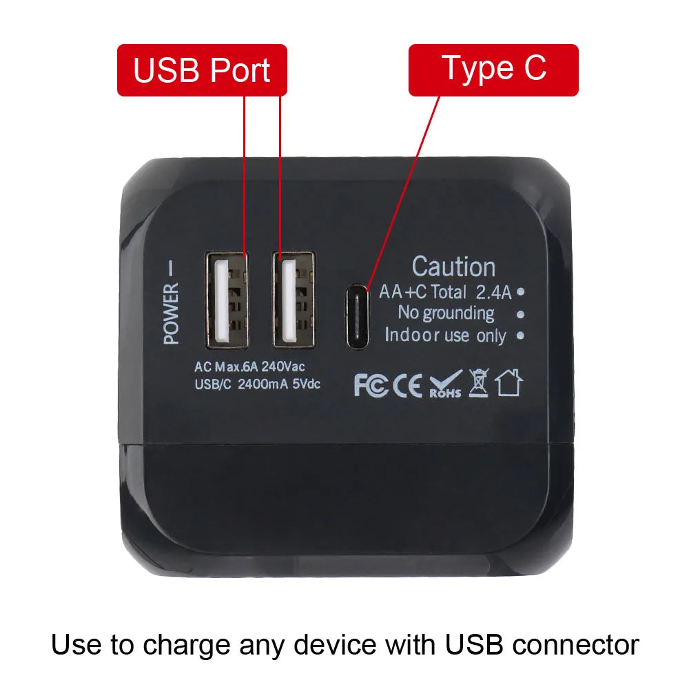 Universal Travel Adapter - 6A with 2 USB + Type-C for US EU UK AU Plugs