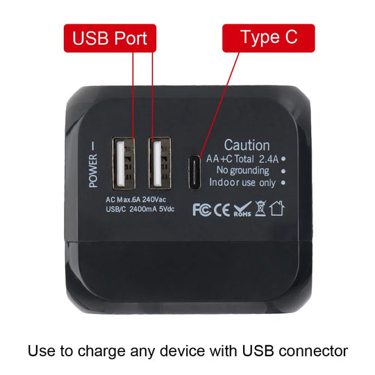 Universal Travel Adapter - 6A with 2 USB + Type-C for US EU UK AU Plugs