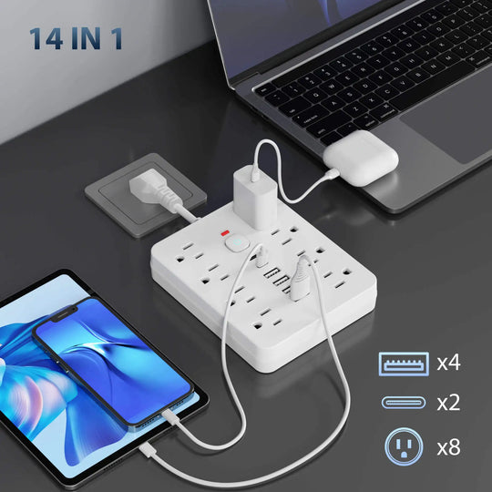 Power Strip - 8 AC Outlets & 6 USB Ports with Surge Protection & Type-C