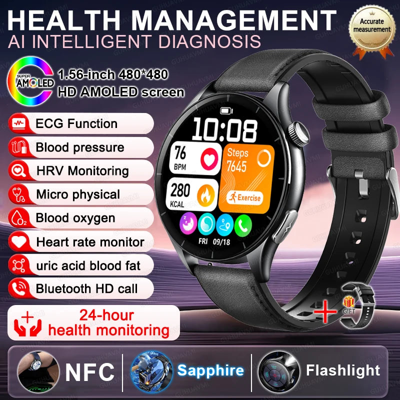 Smart Watch with ECG Health Monitoring - Uric Acid Blood Pressure Blood Oxygen for iOS & Android