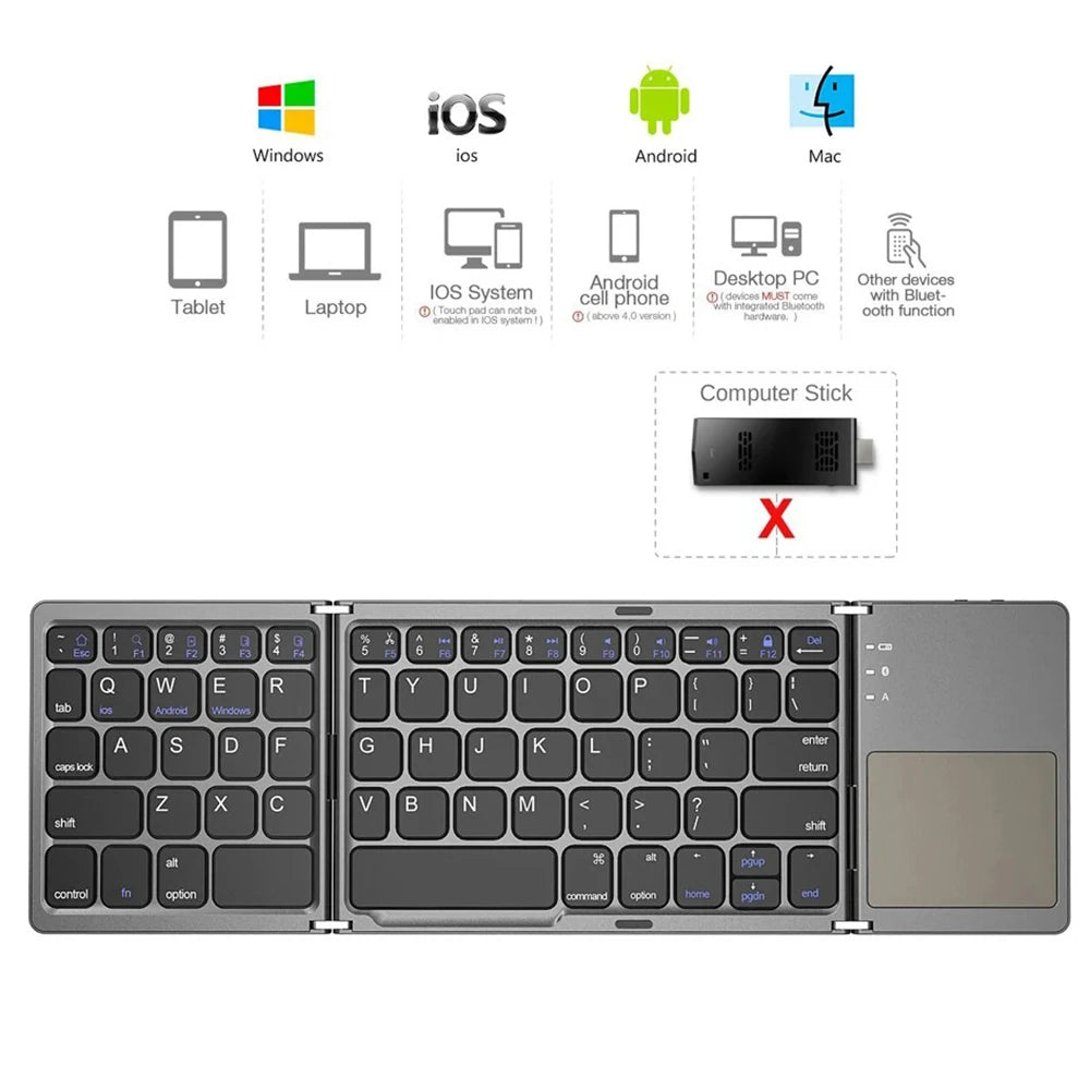 Foldable Bluetooth Keyboard with Touchpad - Mini Wireless Keyboard for Tablet iPad Phone Windows Android iOS